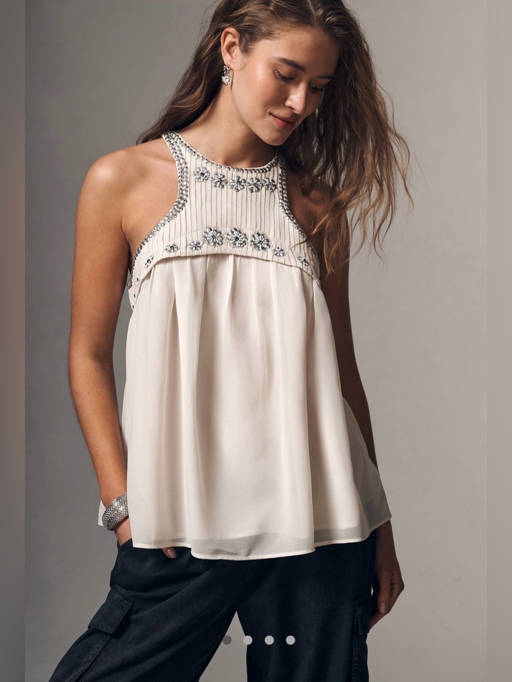NWT Anthropologie Beaded Halter Camisole in Cream/Grey